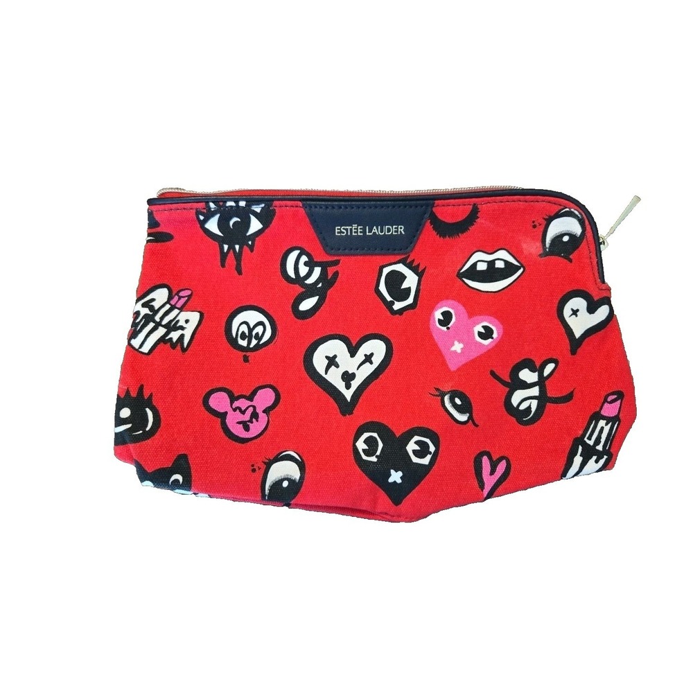 Estee Lauder Red Pop Art Graphic Makeup Bag Hearts Lips Eyes‎ Canvas Cosmetic